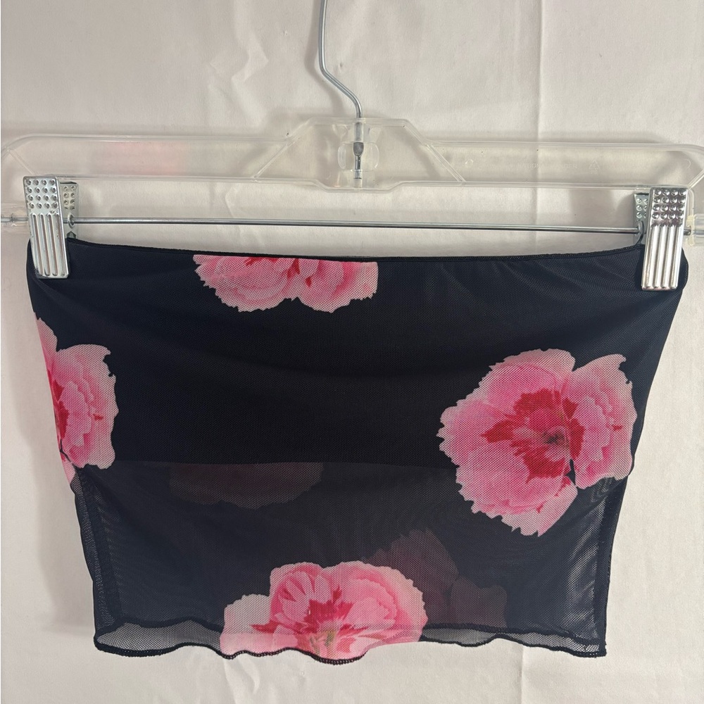Black+Pink Floral Mesh Tube Top XXS - Picture 2 of 9